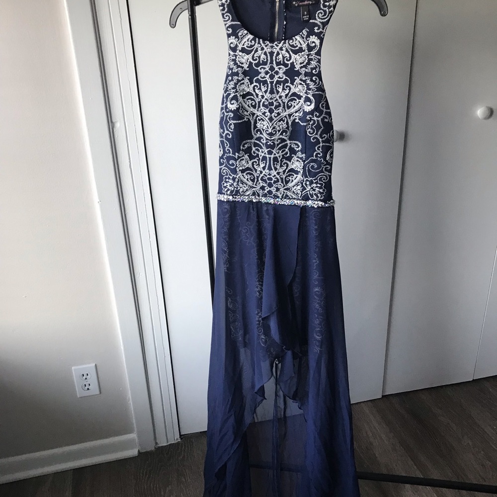 Navy blue and silver long cutout dress